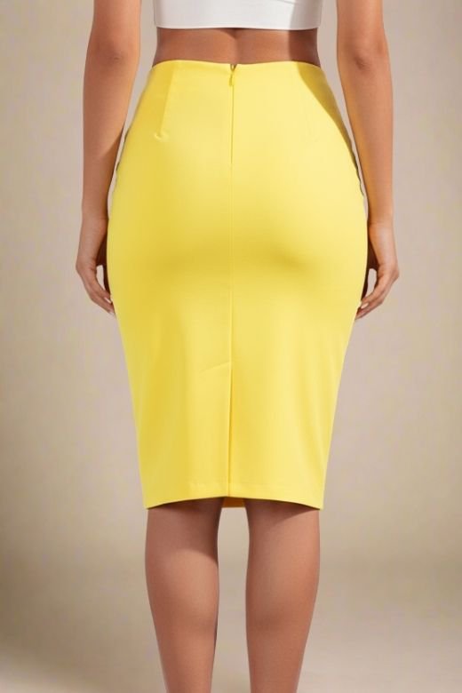 Woman wearing a figure flattering Pencil High Waist Bandage Knee Length Skirt - Sun Yellow BODYCON COLLECTION