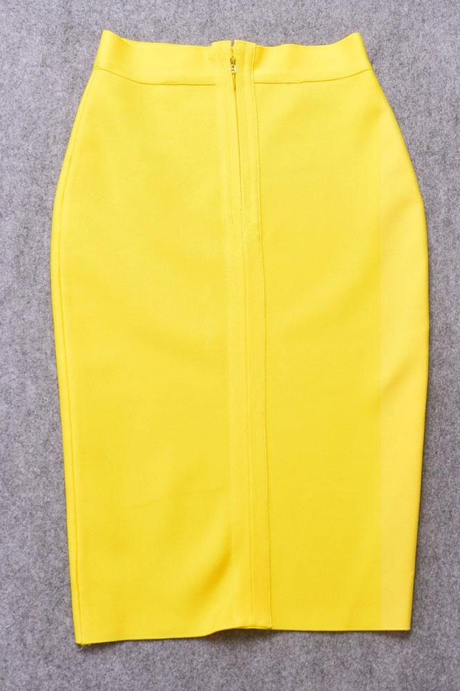 Woman wearing a figure flattering Pencil High Waist Bandage Knee Length Skirt - Sun Yellow BODYCON COLLECTION