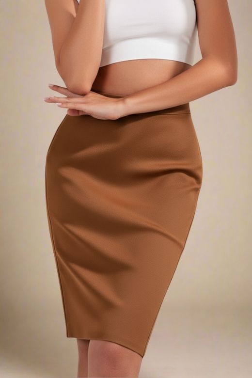 Woman wearing a figure flattering Pencil High Waist Bandage Knee Length Skirt - Tan Brown BODYCON COLLECTION