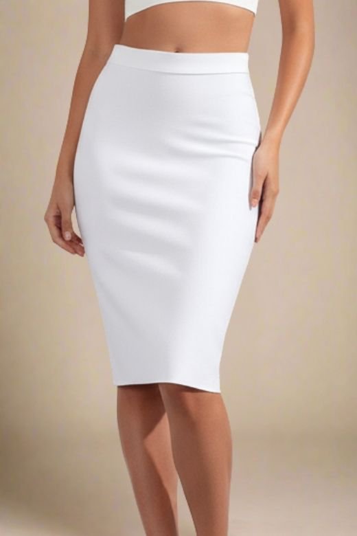 Woman wearing a figure flattering Pencil High Waist Bandage Knee Length Skirt - White Pearl BODYCON COLLECTION