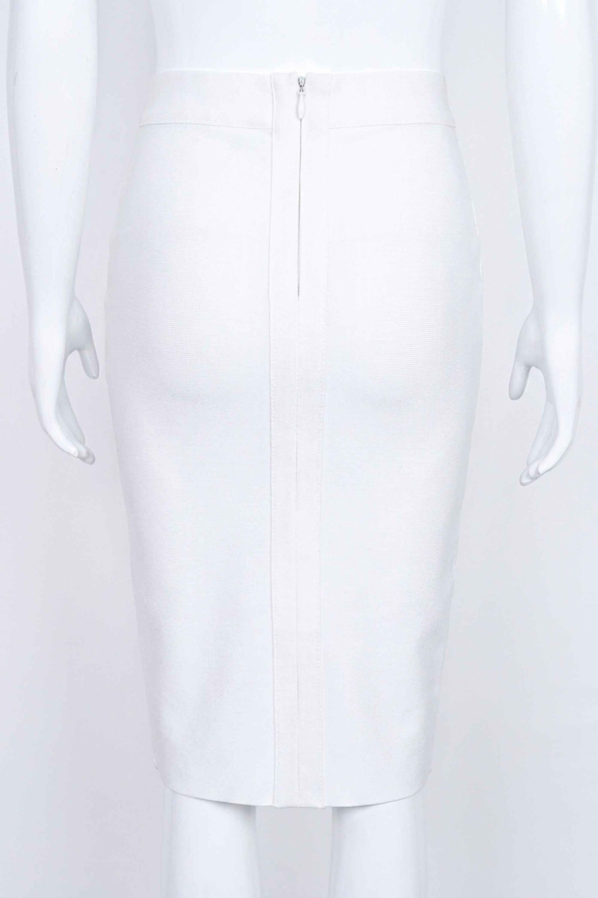 Woman wearing a figure flattering Pencil High Waist Bandage Knee Length Skirt - White Pearl BODYCON COLLECTION