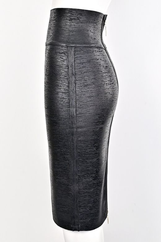 Woman wearing a figure flattering Pencil High Waist Bandage Metallic Midi Skirt - Classic Black BODYCON COLLECTION