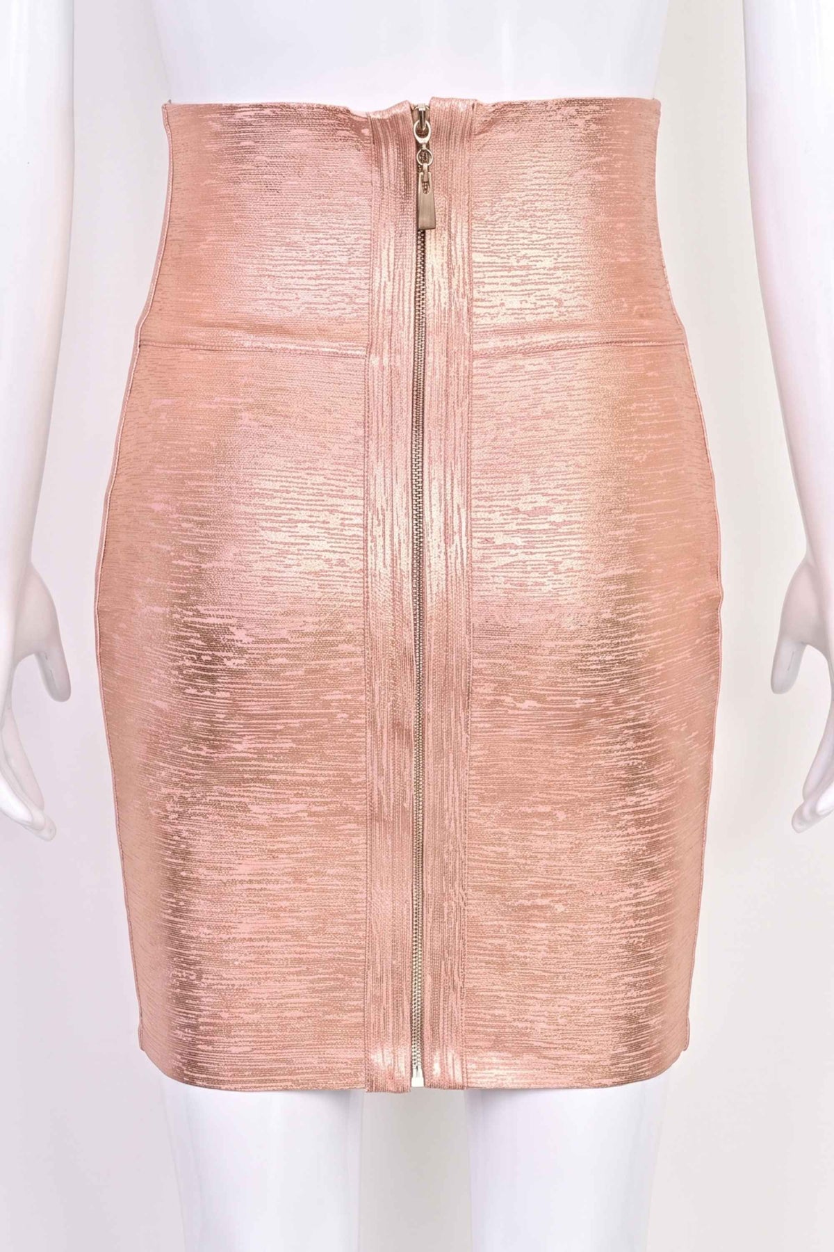 Woman wearing a figure flattering Pencil High Waist Bandage Metallic Mini Skirt - Baby Pink BODYCON COLLECTION