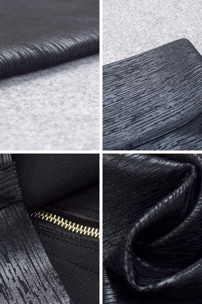 Woman wearing a figure flattering Pencil High Waist Bandage Metallic Mini Skirt - Classic Black BODYCON COLLECTION