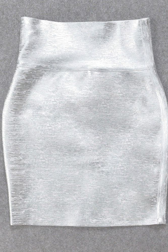 Woman wearing a figure flattering Pencil High Waist Bandage Metallic Mini Skirt - Silver BODYCON COLLECTION