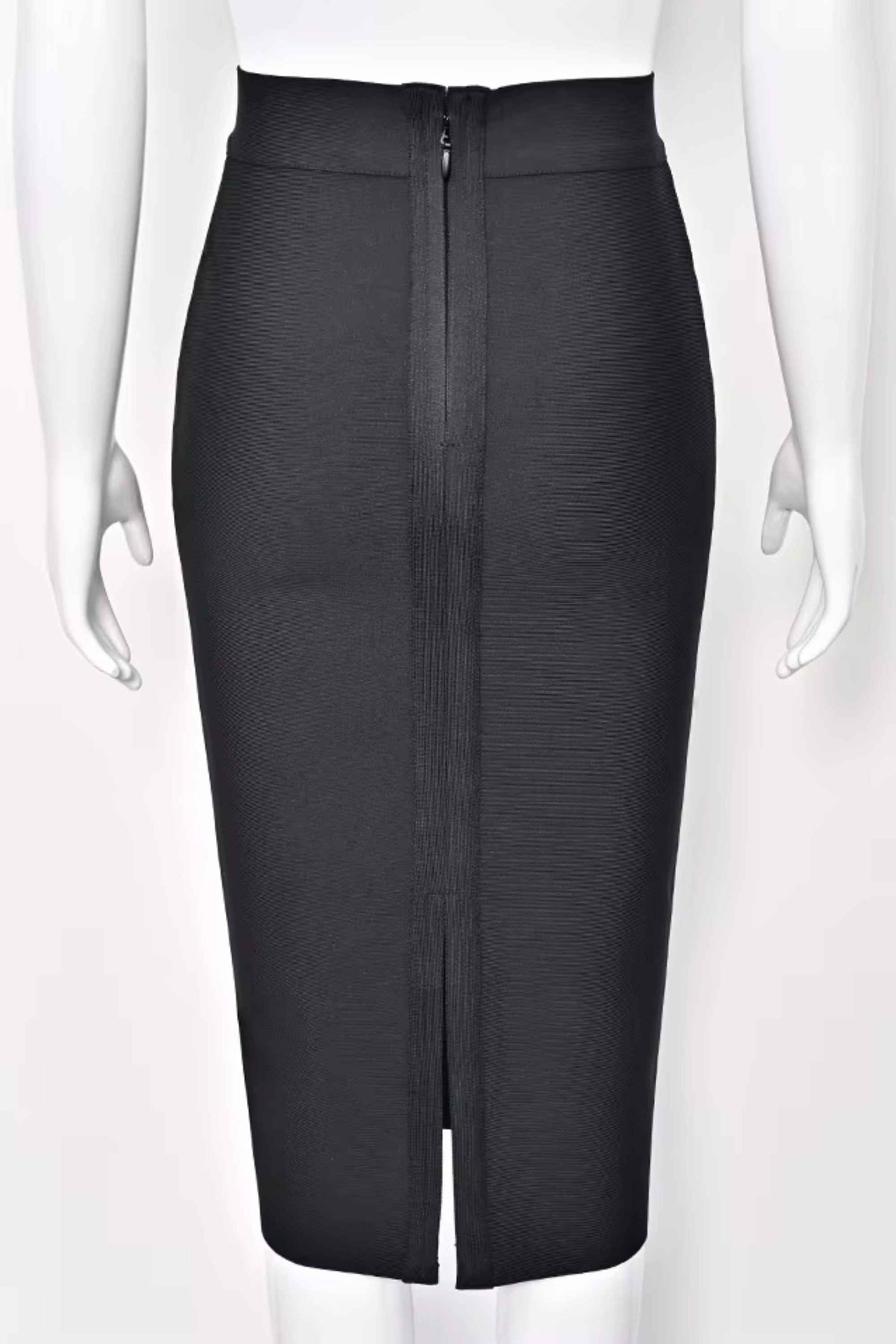 Woman wearing a figure flattering Pencil High Waist Bandage Midi Skirt - Classic Black BODYCON COLLECTION