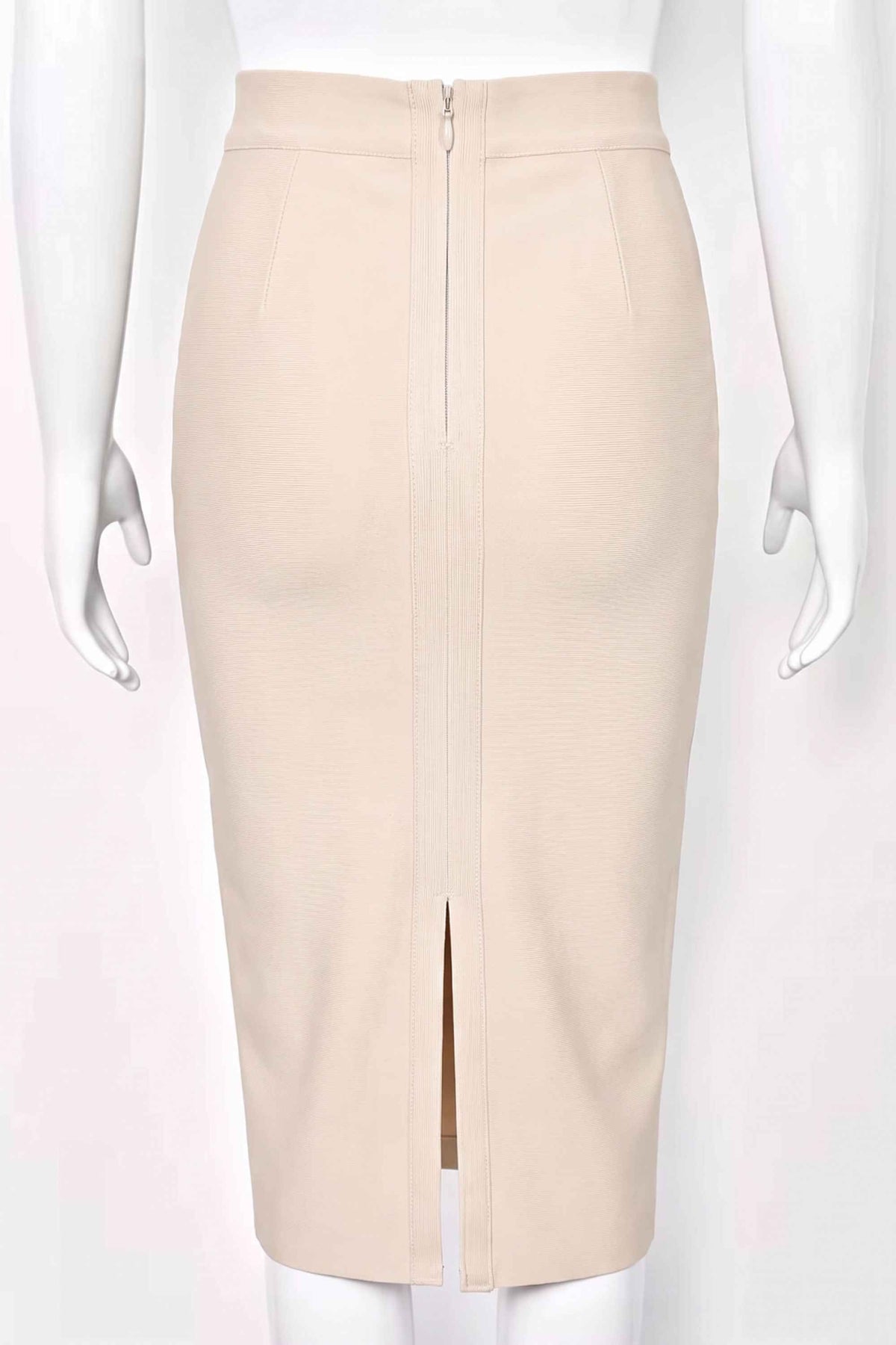 Woman wearing a figure flattering Pencil High Waist Bandage Midi Skirt - Cream BODYCON COLLECTION