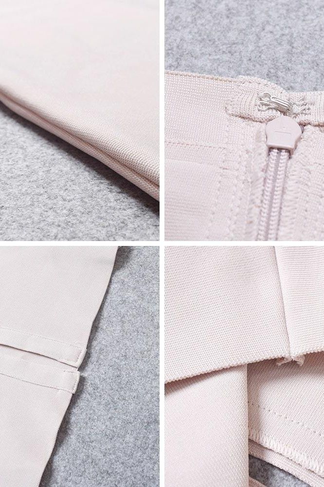 Woman wearing a figure flattering Pencil High Waist Bandage Midi Skirt - Cream BODYCON COLLECTION