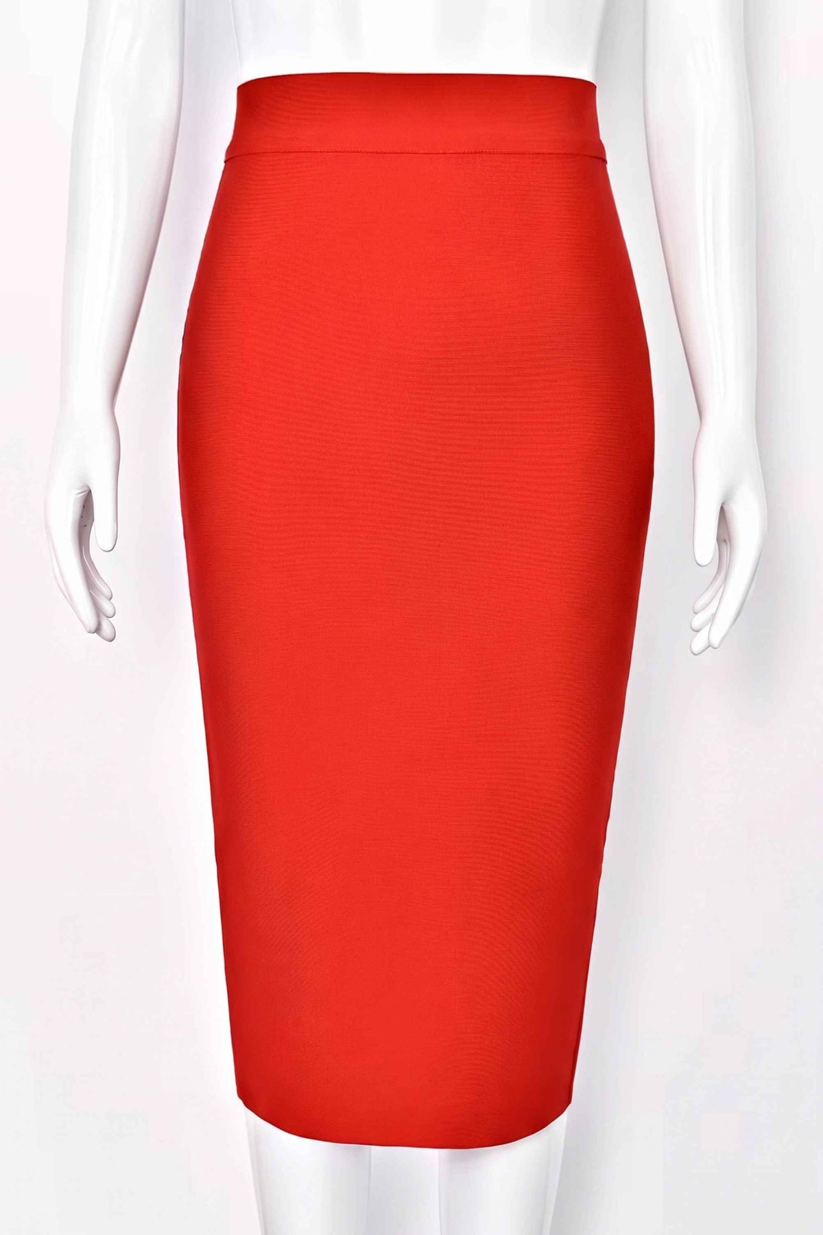 Woman wearing a figure flattering Pencil High Waist Bandage Midi Skirt - Lipstick Red BODYCON COLLECTION