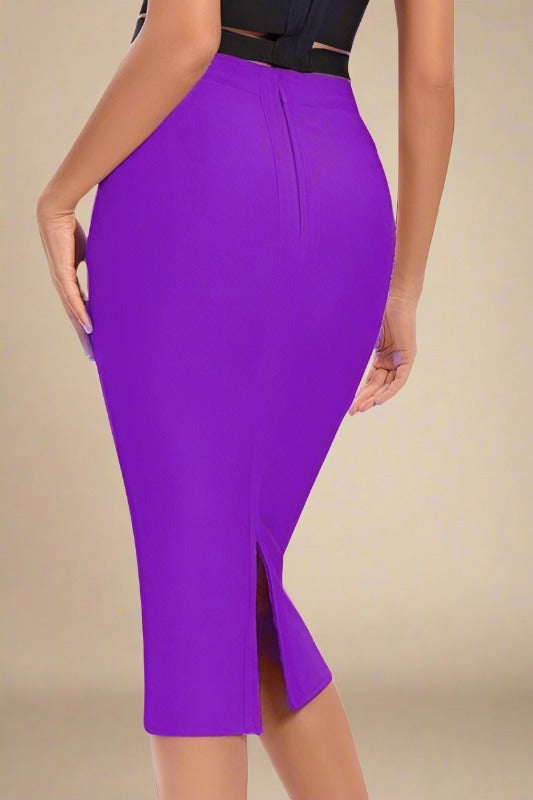 Woman wearing a figure flattering Pencil High Waist Bandage Midi Skirt - Plum Purple BODYCON COLLECTION