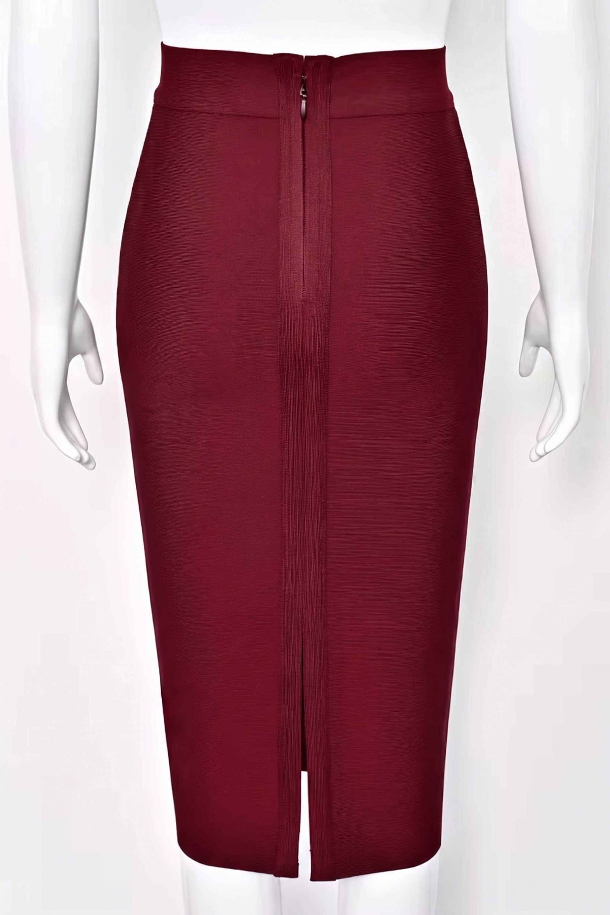 Woman wearing a figure flattering Pencil High Waist Bandage Midi Skirt - Red Wine BODYCON COLLECTION