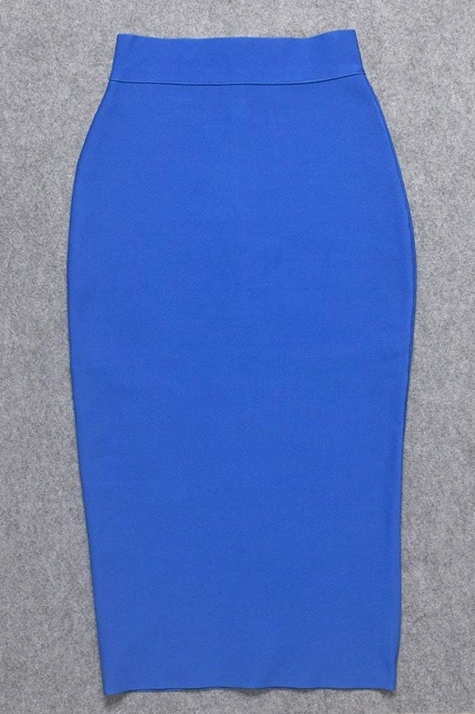 Woman wearing a figure flattering Pencil High Waist Bandage Midi Skirt - Royal Blue BODYCON COLLECTION