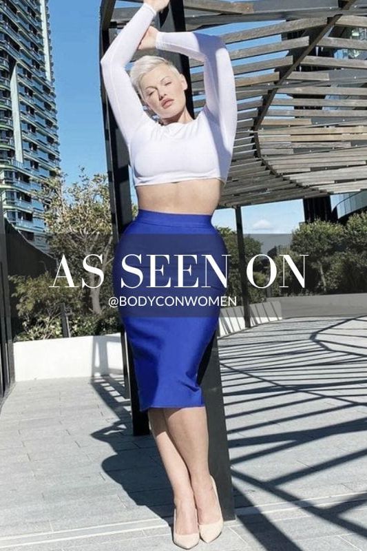 Woman wearing a figure flattering Pencil High Waist Bandage Midi Skirt - Royal Blue BODYCON COLLECTION