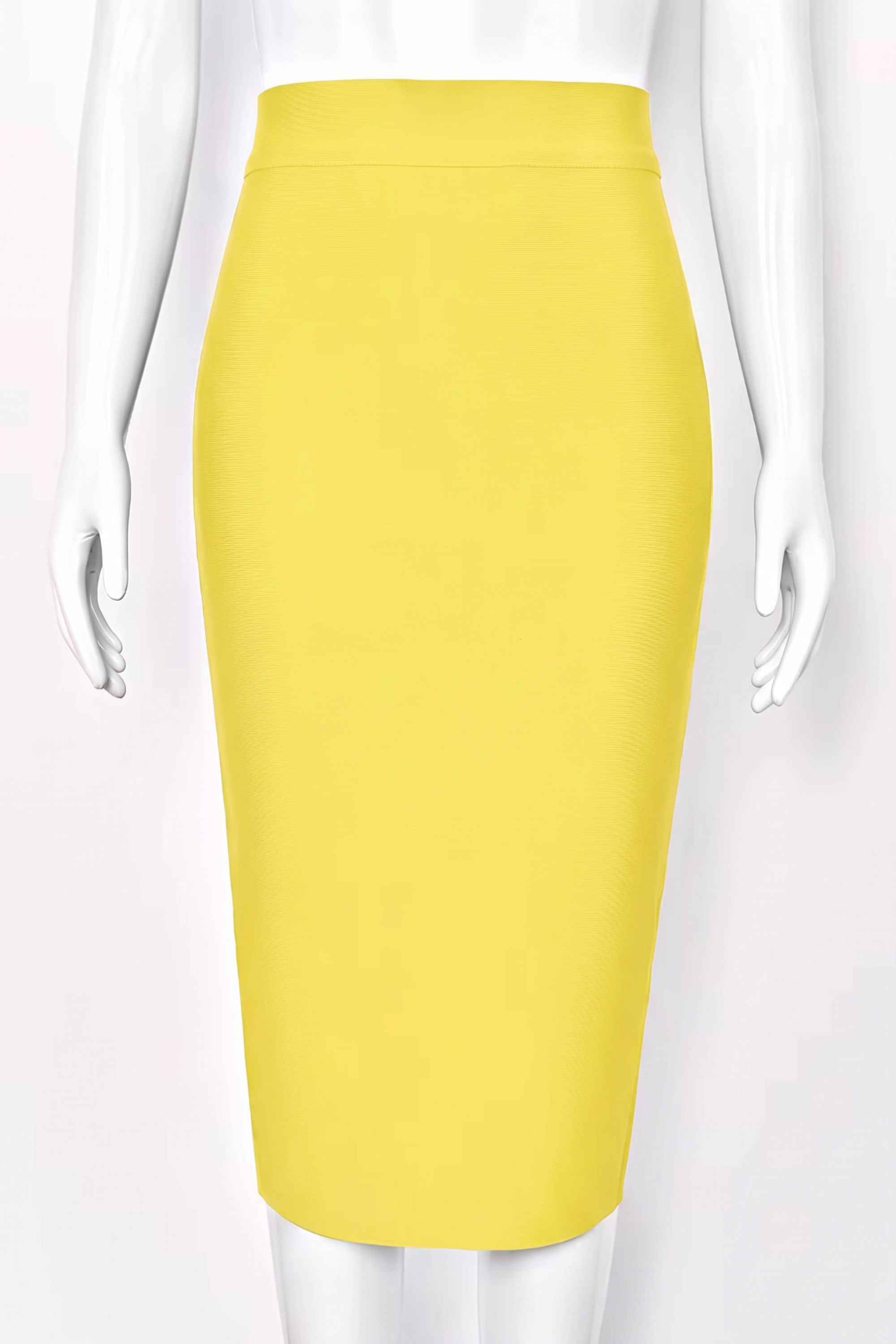 Woman wearing a figure flattering Pencil High Waist Bandage Midi Skirt - Sun Yellow BODYCON COLLECTION