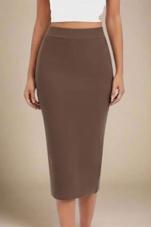 Woman wearing a figure flattering Pencil High Waist Bandage Midi Skirt - Tan Brown BODYCON COLLECTION