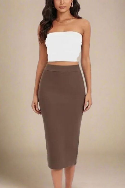 Woman wearing a figure flattering Pencil High Waist Bandage Midi Skirt - Tan Brown BODYCON COLLECTION