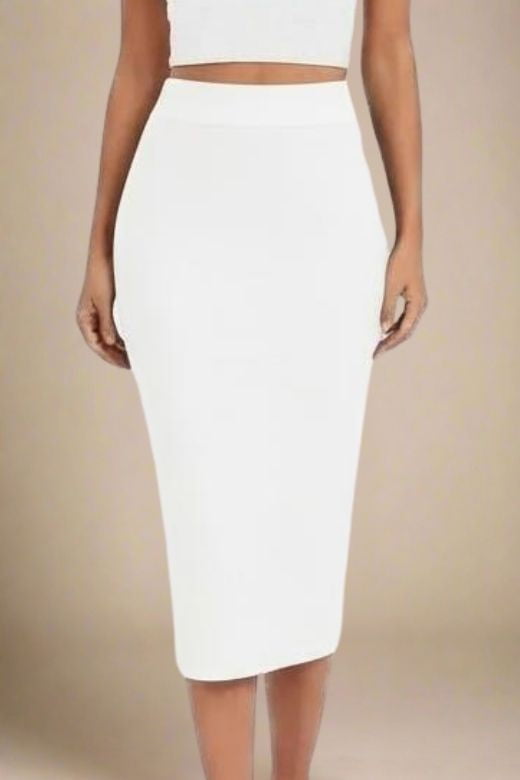Woman wearing a figure flattering Pencil High Waist Bandage Midi Skirt - White Pearl BODYCON COLLECTION
