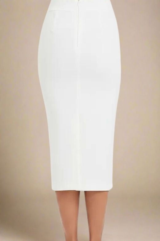 Woman wearing a figure flattering Pencil High Waist Bandage Midi Skirt - White Pearl BODYCON COLLECTION