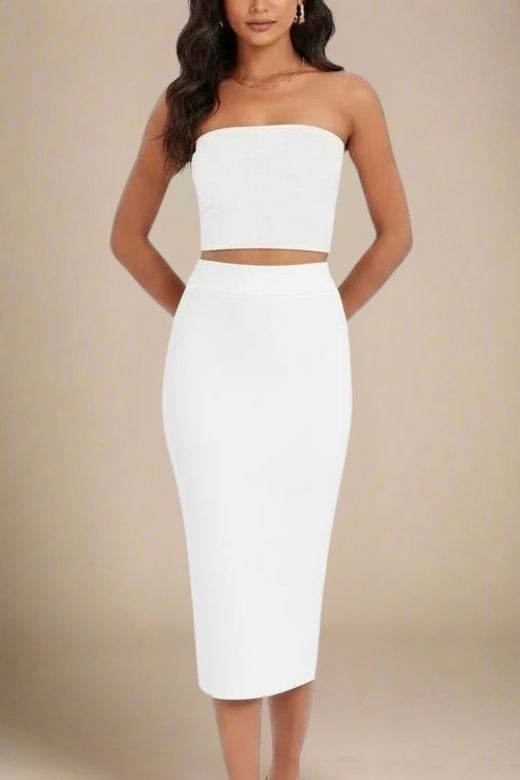 Woman wearing a figure flattering Pencil High Waist Bandage Midi Skirt - White Pearl BODYCON COLLECTION