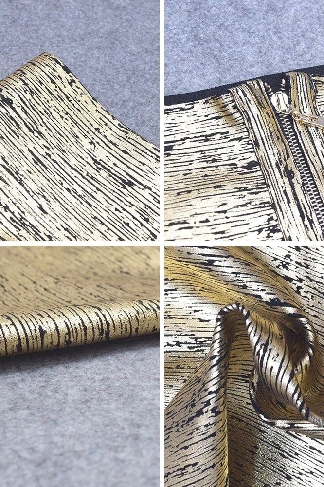 Woman wearing a figure flattering Pencil High Waist Bandage Mini Skirt - Gold Metallic BODYCON COLLECTION