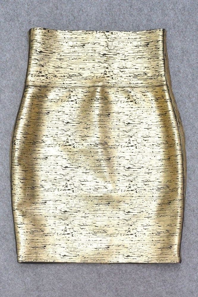 Woman wearing a figure flattering Pencil High Waist Bandage Mini Skirt - Gold Metallic BODYCON COLLECTION