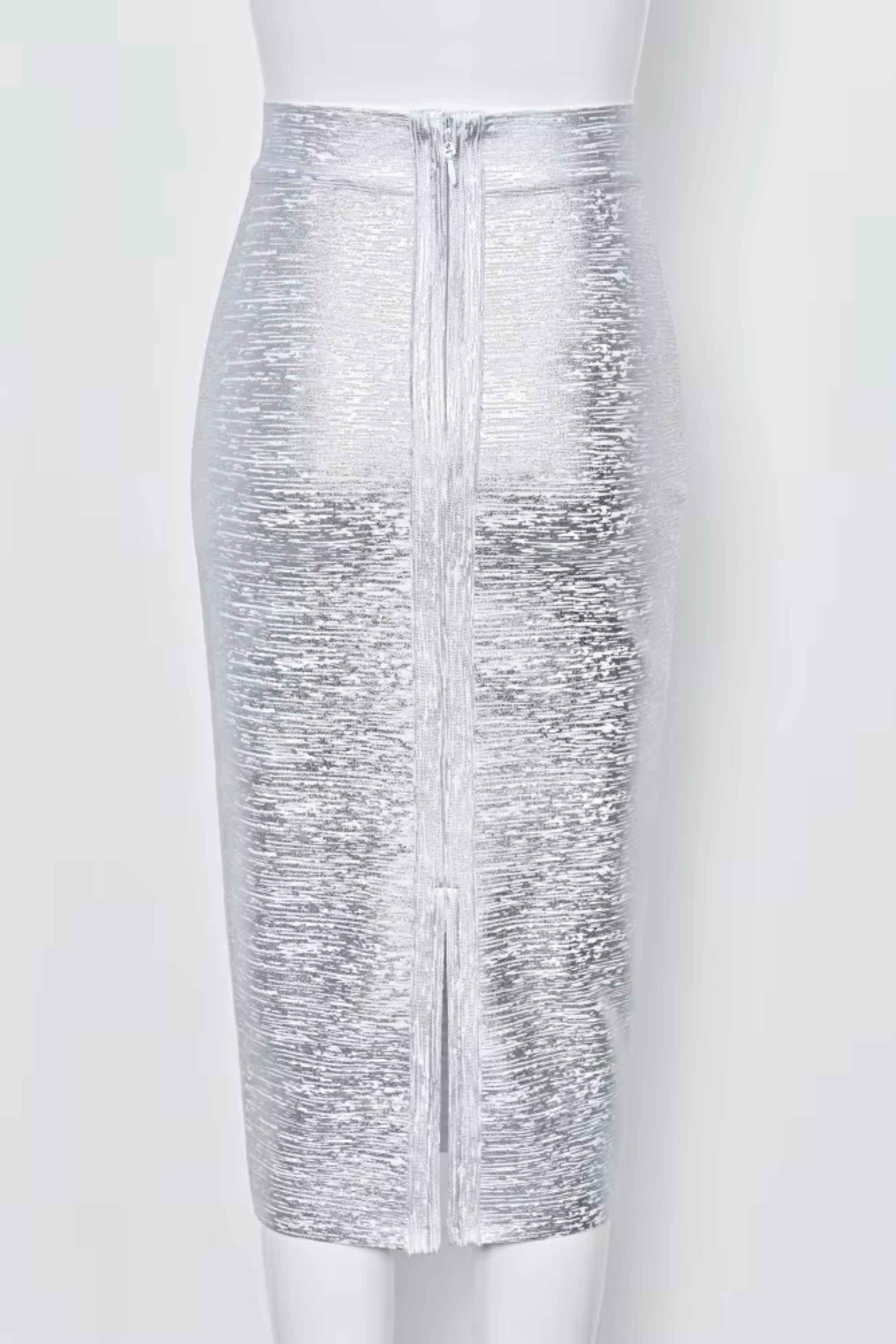 Woman wearing a figure flattering Pencil High Waist Leather Metallic Midi Skirt - Silver BODYCON COLLECTION