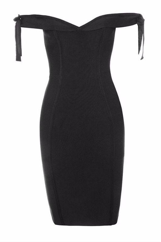 Woman wearing a figure flattering Penelope Bandage Mini Dress - Classic Black BODYCON COLLECTION