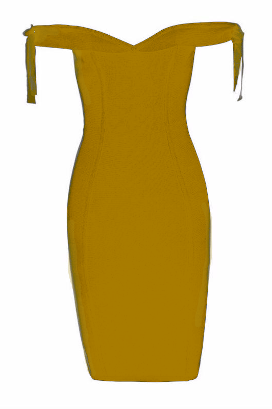 Woman wearing a figure flattering Penelope Bandage Mini Dress - Mustard Yellow BODYCON COLLECTION