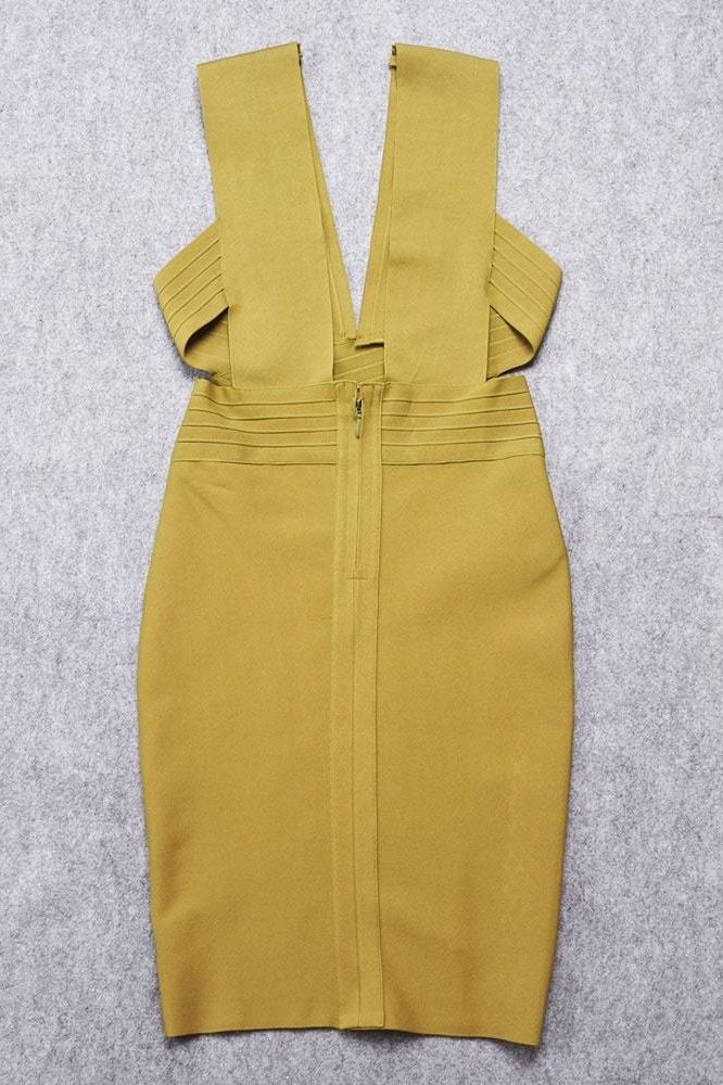 Woman wearing a figure flattering Pia Bandage Dress - Olive Green BODYCON COLLECTION