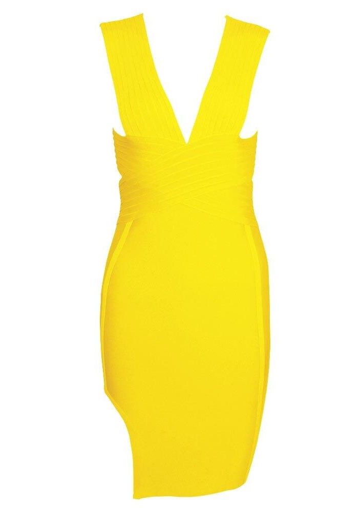Woman wearing a figure flattering Pia Bandage Dress - Sun Yellow BODYCON COLLECTION