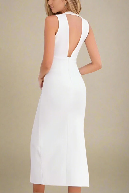 Woman wearing a figure flattering Pia Bandage Midi Dress - Pearl White BODYCON COLLECTION
