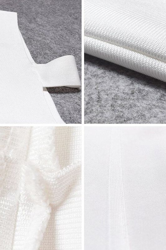 Woman wearing a figure flattering Pia Bandage Pants Jumpsuit - Pearl White BODYCON COLLECTION