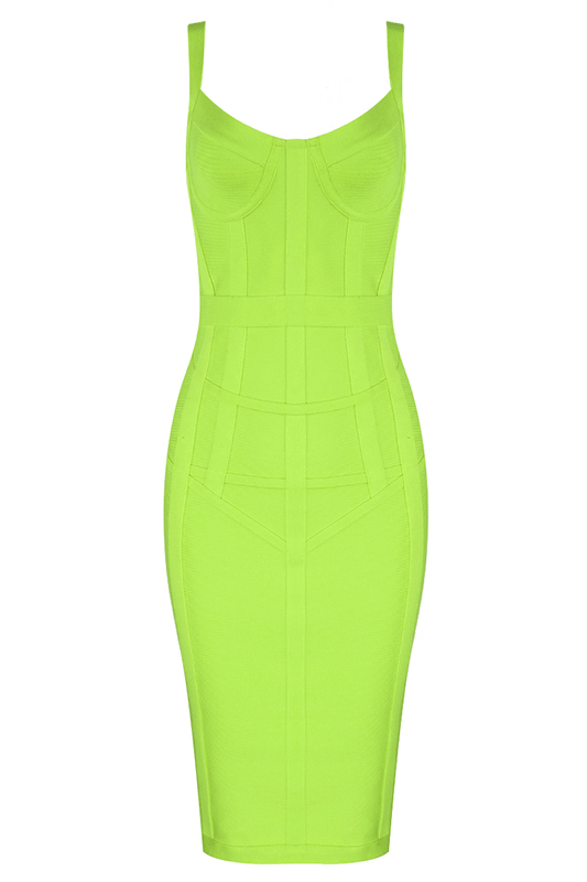 Woman wearing a figure flattering Pip Bandage Corset Dress - Neon Green Bodycon Collection