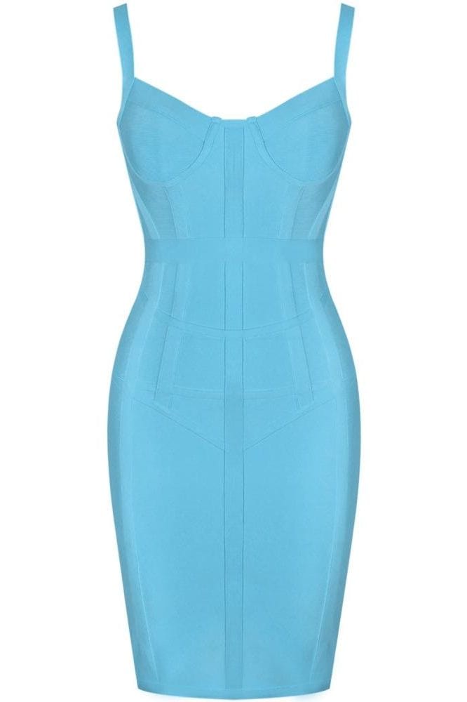 Woman wearing a figure flattering Pip Bandage Corset Dress - Sky Blue Bodycon Collection