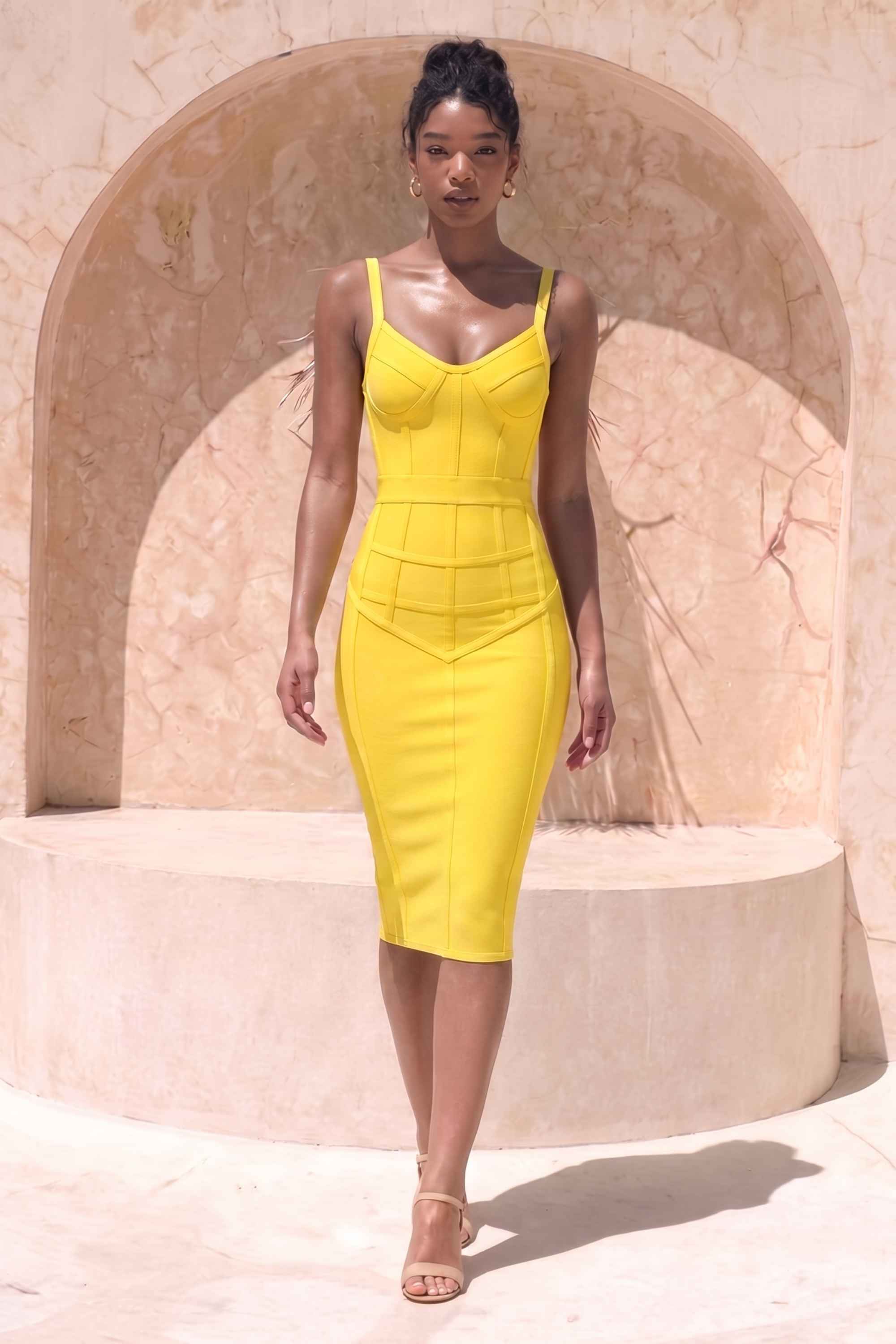 Woman wearing a figure flattering Pip Bandage Corset Dress - Sun Yellow Bodycon Collection