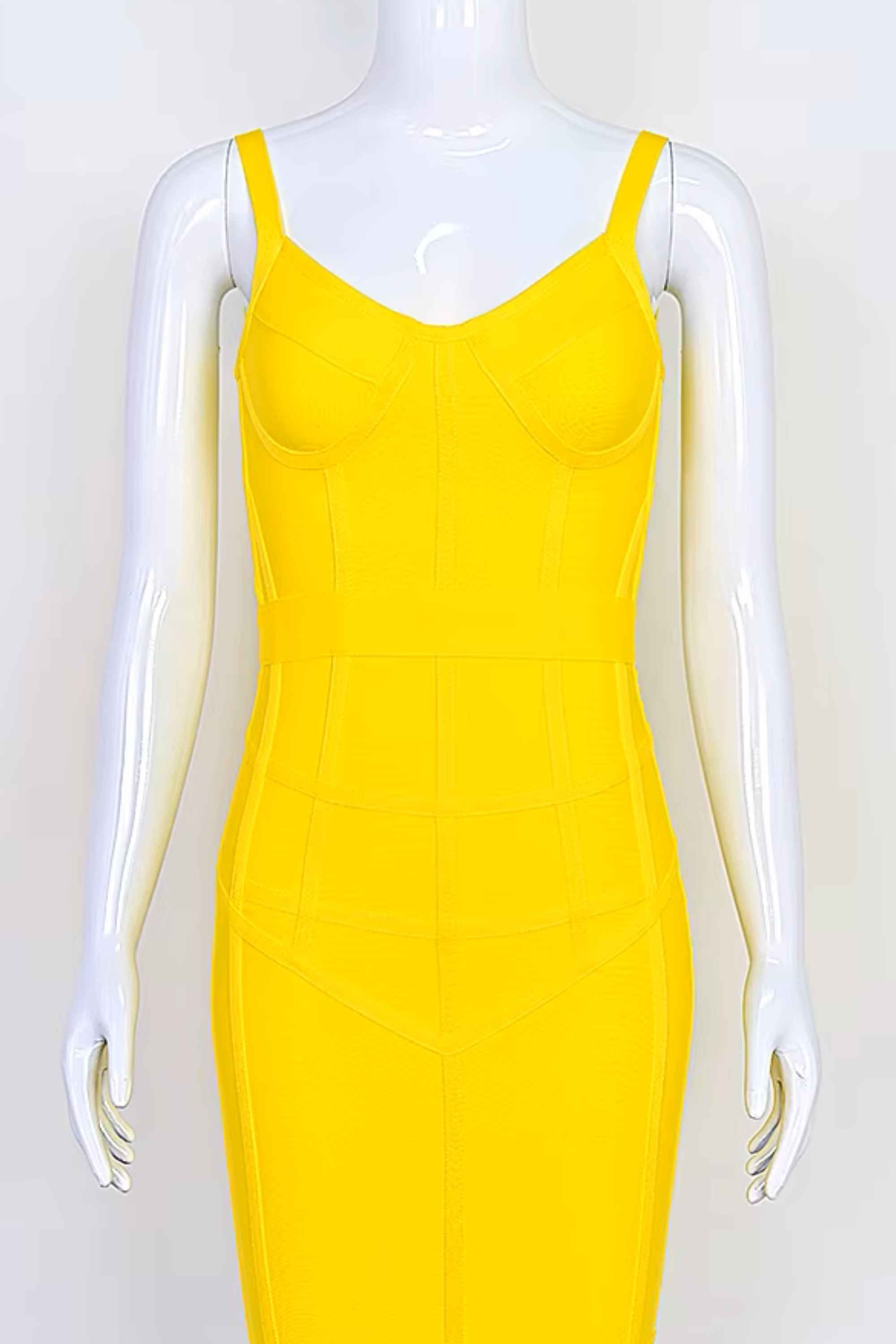 Woman wearing a figure flattering Pip Bandage Corset Dress - Sun Yellow Bodycon Collection