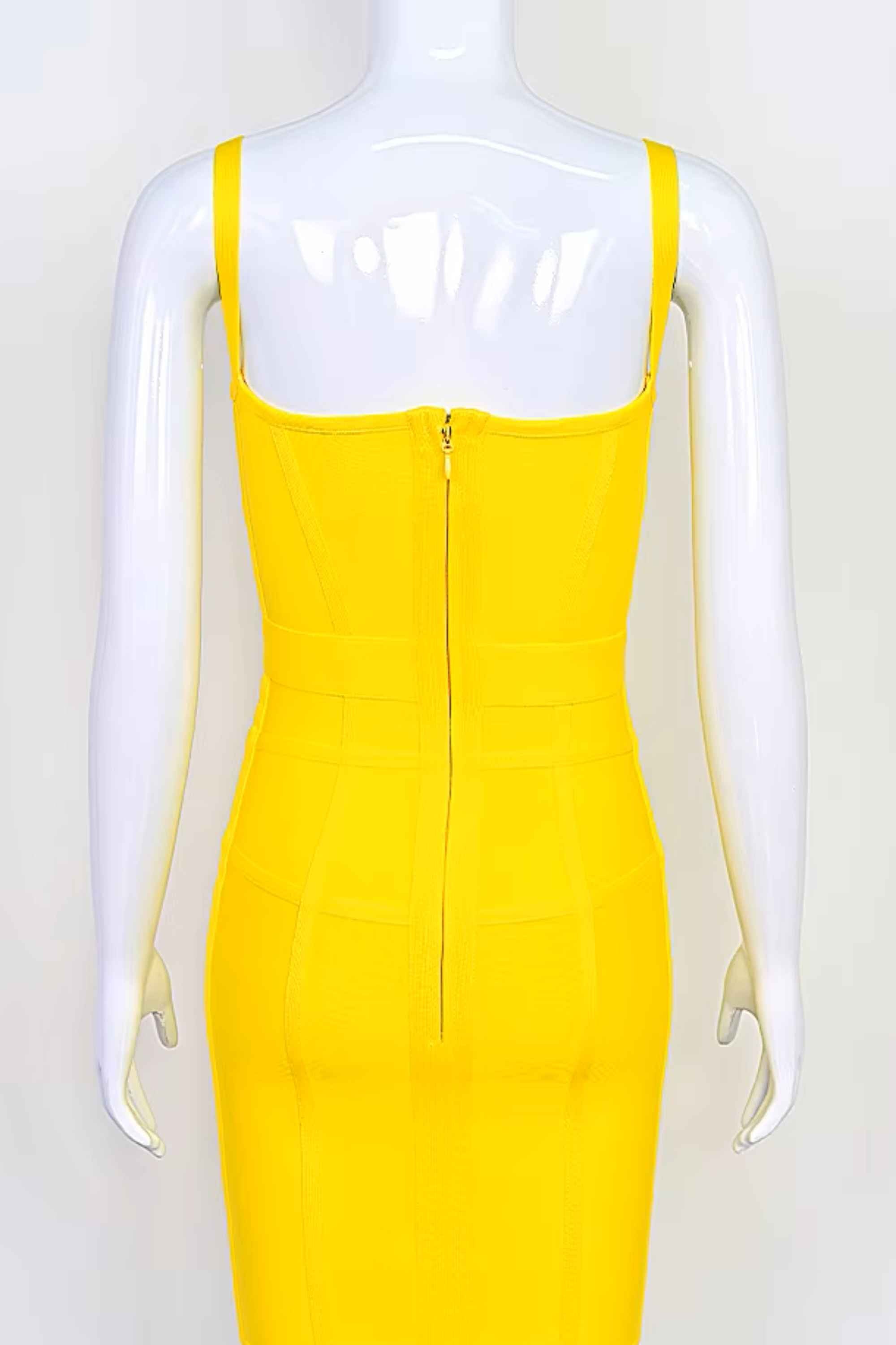 Woman wearing a figure flattering Pip Bandage Corset Dress - Sun Yellow Bodycon Collection