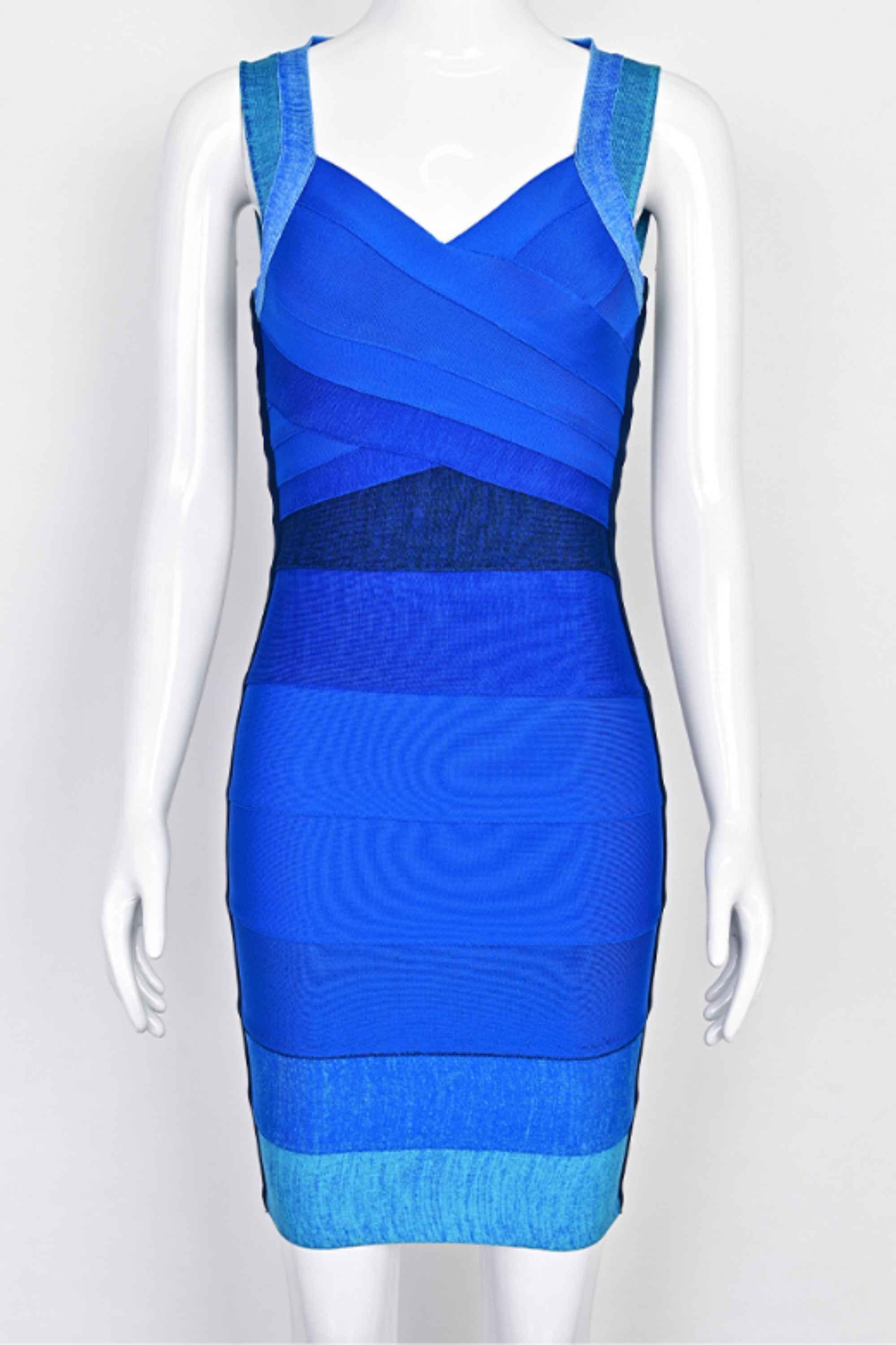 Woman wearing a figure flattering Portia Bandage Mini Dress - Royal Blue BODYCON COLLECTION Pty Ltd