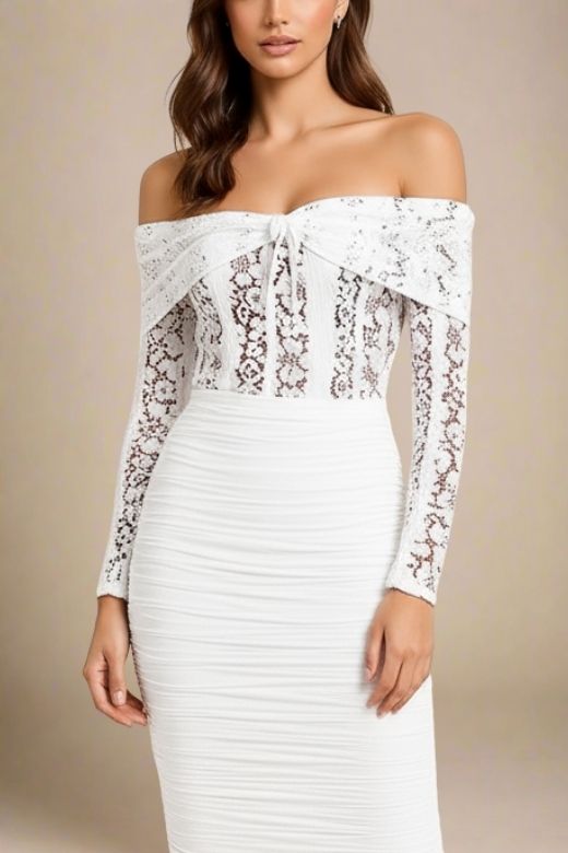 Woman wearing a figure flattering Rose Long Sleeve Top - White Pearl BODYCON COLLECTION