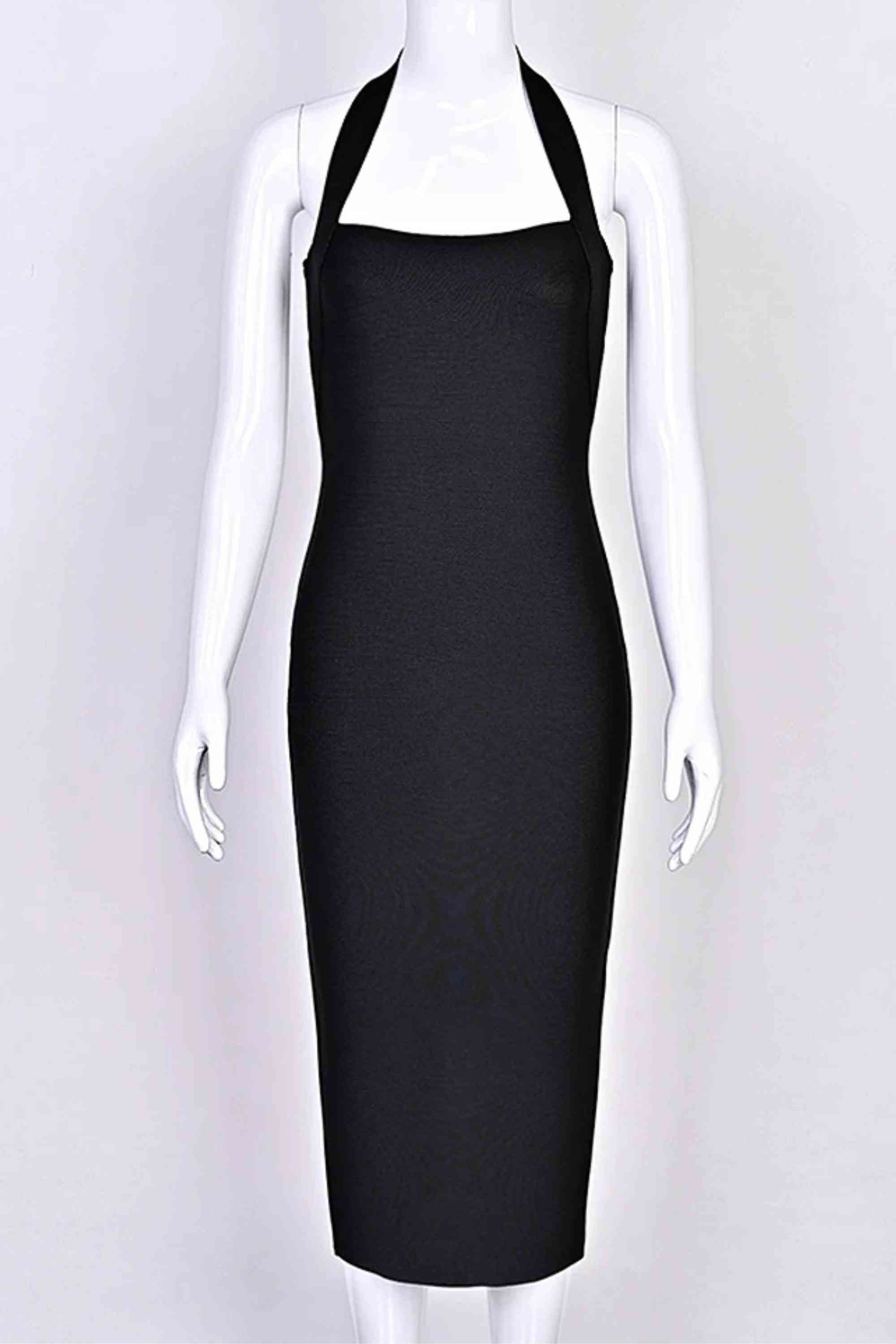 Woman wearing a figure flattering Raya Bodycon Midi Dress - Classic Black BODYCON COLLECTION Pty Ltd