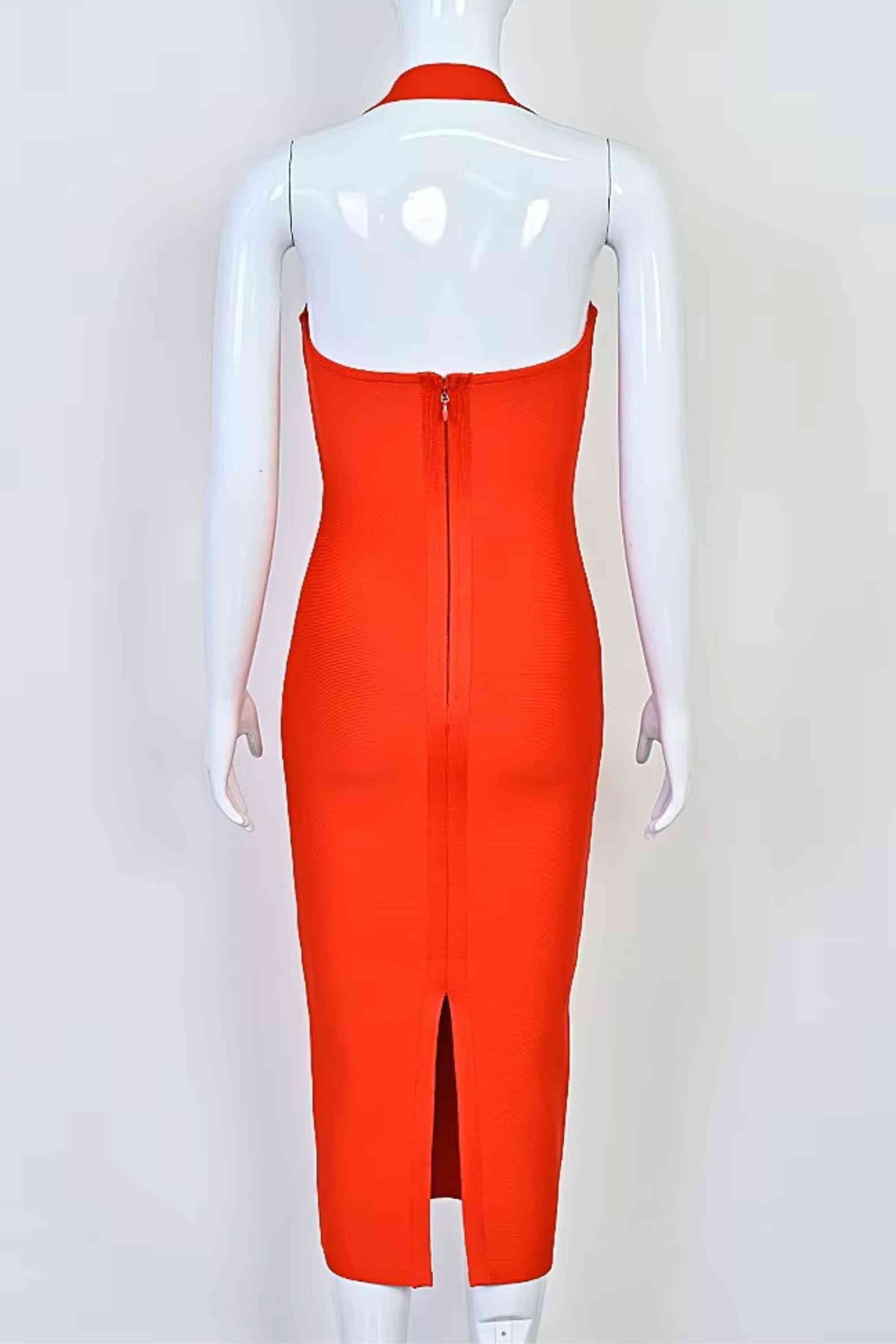 Woman wearing a figure flattering Raya Bodycon Midi Dress - Lipstick Red BODYCON COLLECTION Pty Ltd