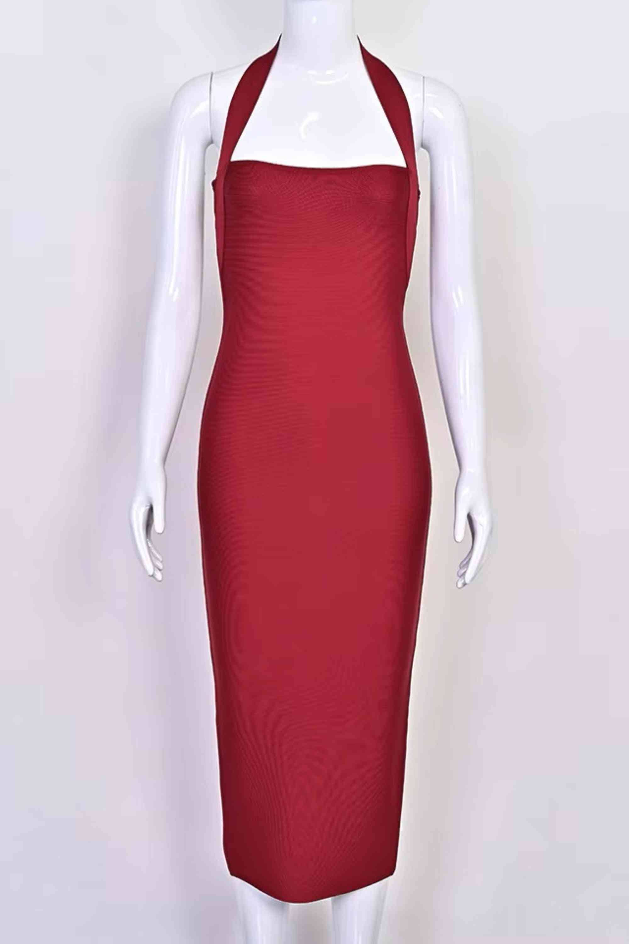 Woman wearing a figure flattering Raya Bodycon Midi Dress - Red Wine BODYCON COLLECTION Pty Ltd