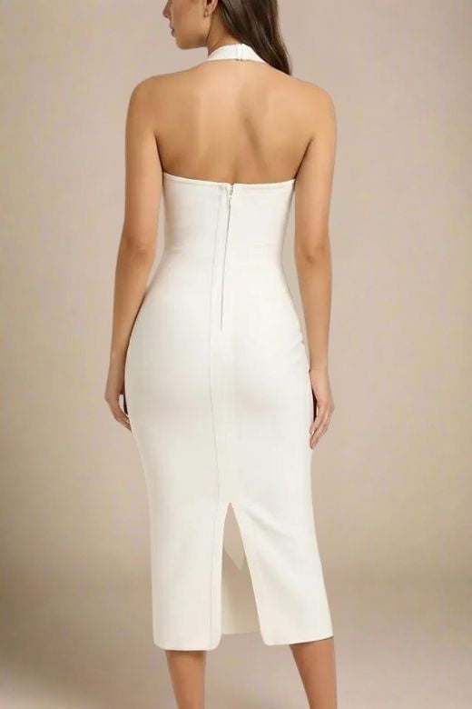 Woman wearing a figure flattering Raya Bodycon Midi Dress - White Pearl BODYCON COLLECTION Pty Ltd