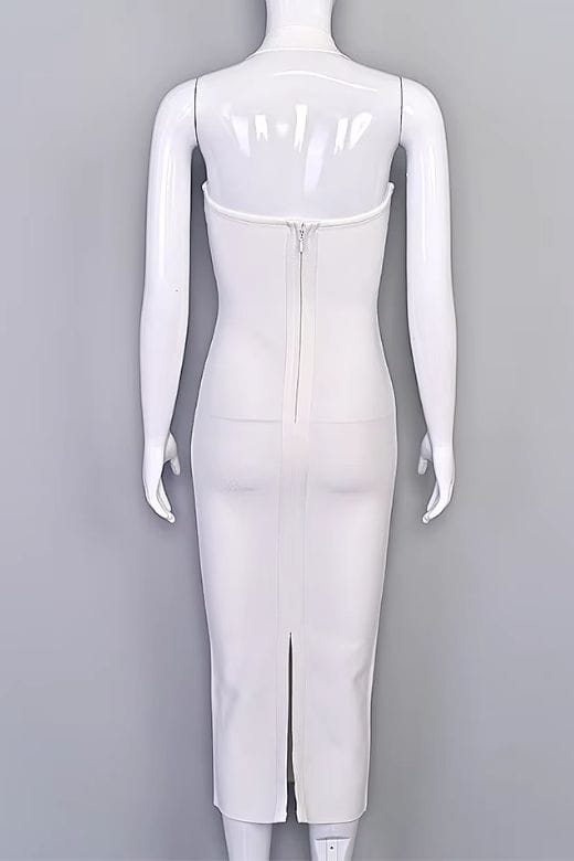 Woman wearing a figure flattering Raya Bodycon Midi Dress - White Pearl BODYCON COLLECTION Pty Ltd