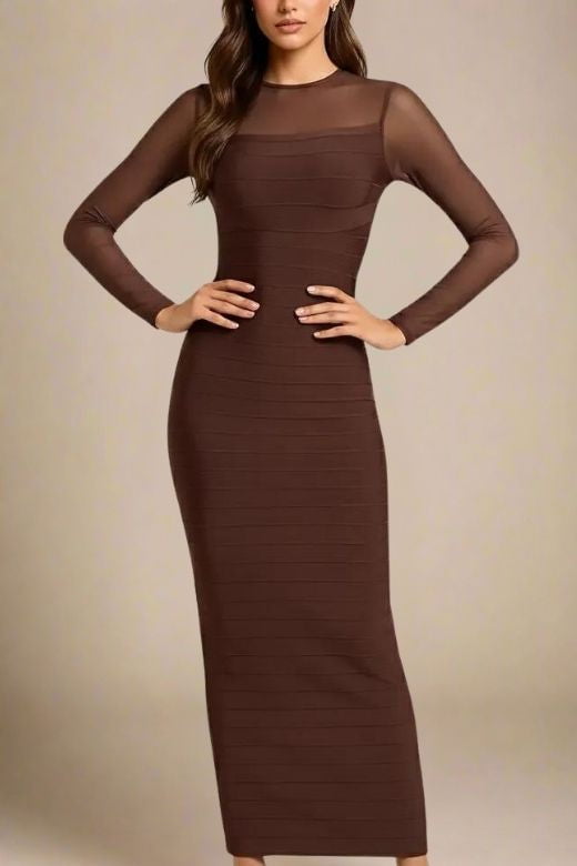 Woman wearing a figure flattering Robin Long Sleeve Bandage Maxi Dress - Tan Brown BODYCON COLLECTION Pty Ltd