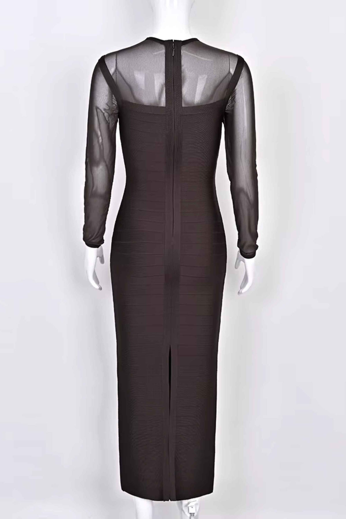 Woman wearing a figure flattering Robin Long Sleeve Bandage Maxi Dress - Tan Brown BODYCON COLLECTION Pty Ltd