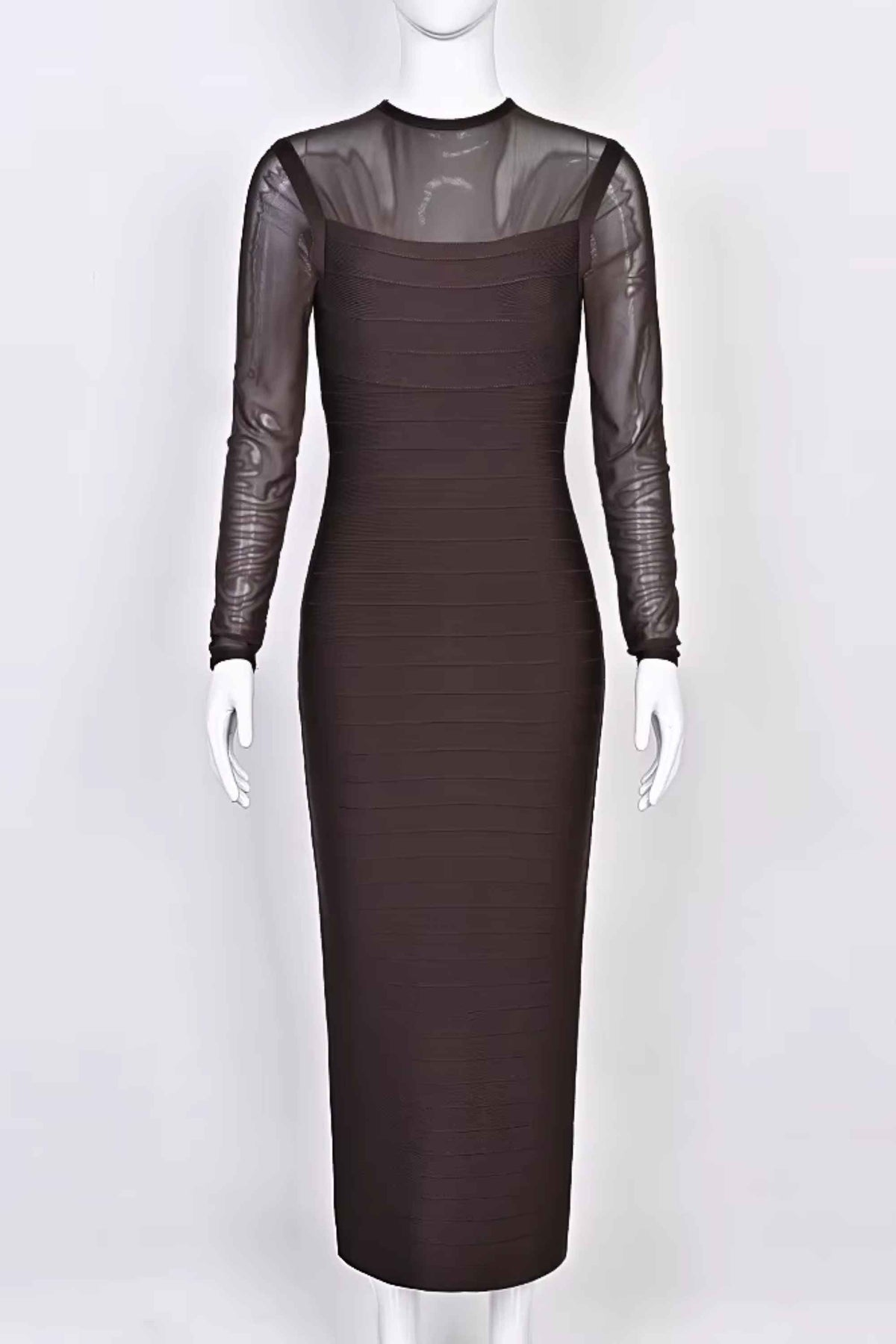 Woman wearing a figure flattering Robin Long Sleeve Bandage Maxi Dress - Tan Brown BODYCON COLLECTION Pty Ltd