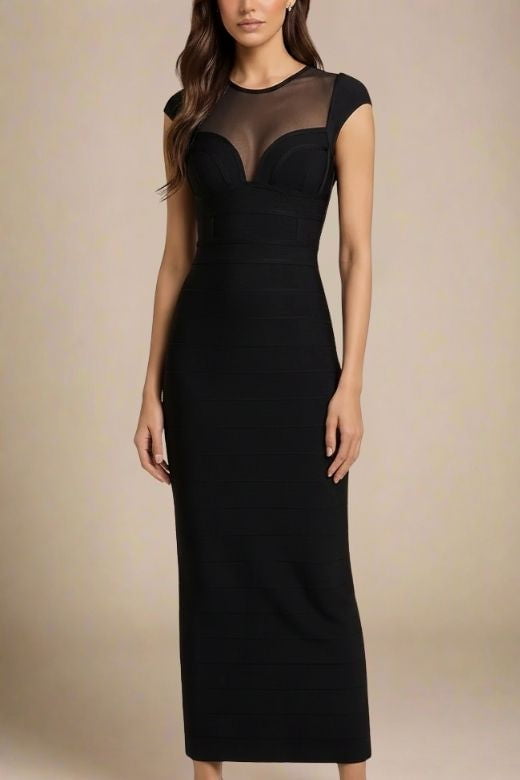 Woman wearing a figure flattering Rory Bandage Maxi Dress - Classic Black BODYCON COLLECTION Pty Ltd