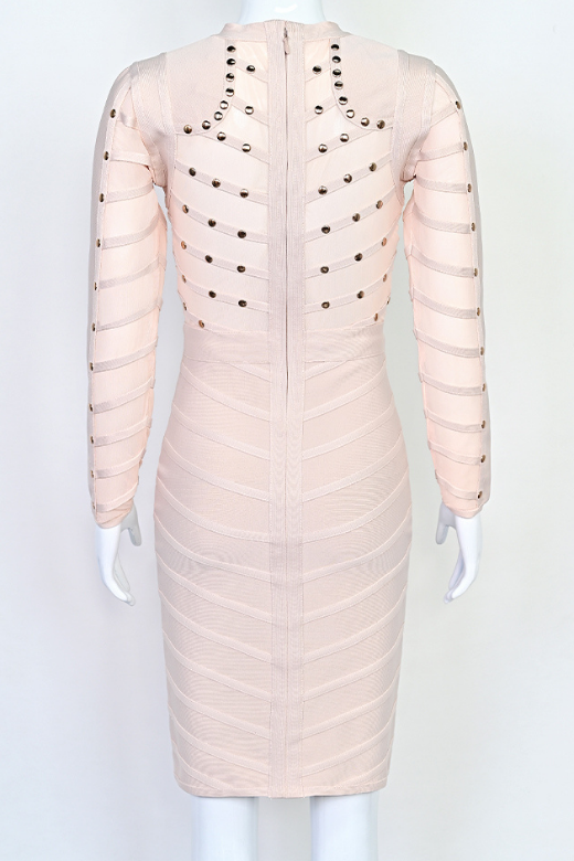 Woman wearing a figure flattering Rosa Long Sleeve Bodycon Dress - Cream BODYCON COLLECTION