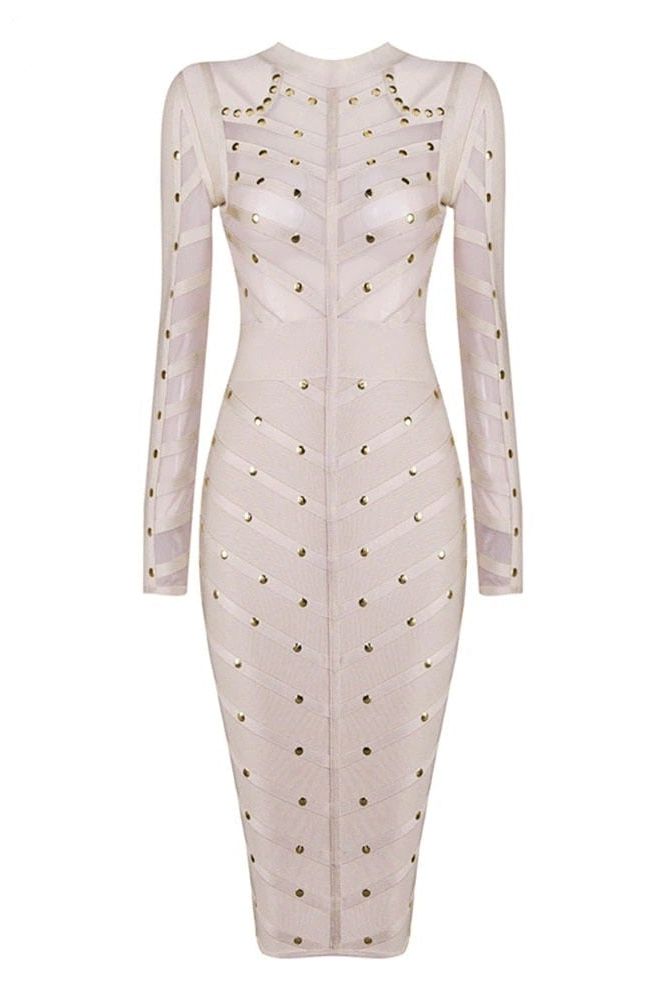 Woman wearing a figure flattering Rosa Long Sleeve Bodycon Dress - Cream BODYCON COLLECTION